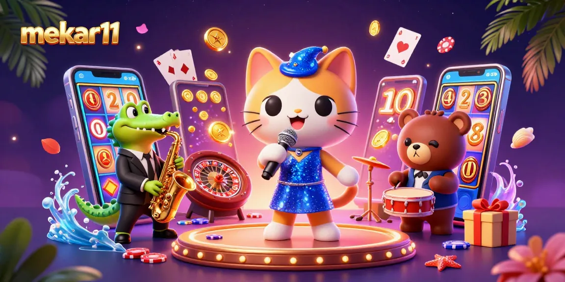 Mekar11 features a vibrant casino scene with a singing cat, saxophone crocodile, and drum bear cub.