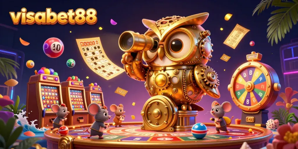 Experience the excitement of visabet88 with a vibrant 3D casino scene showcasing thrilling gaming elements.