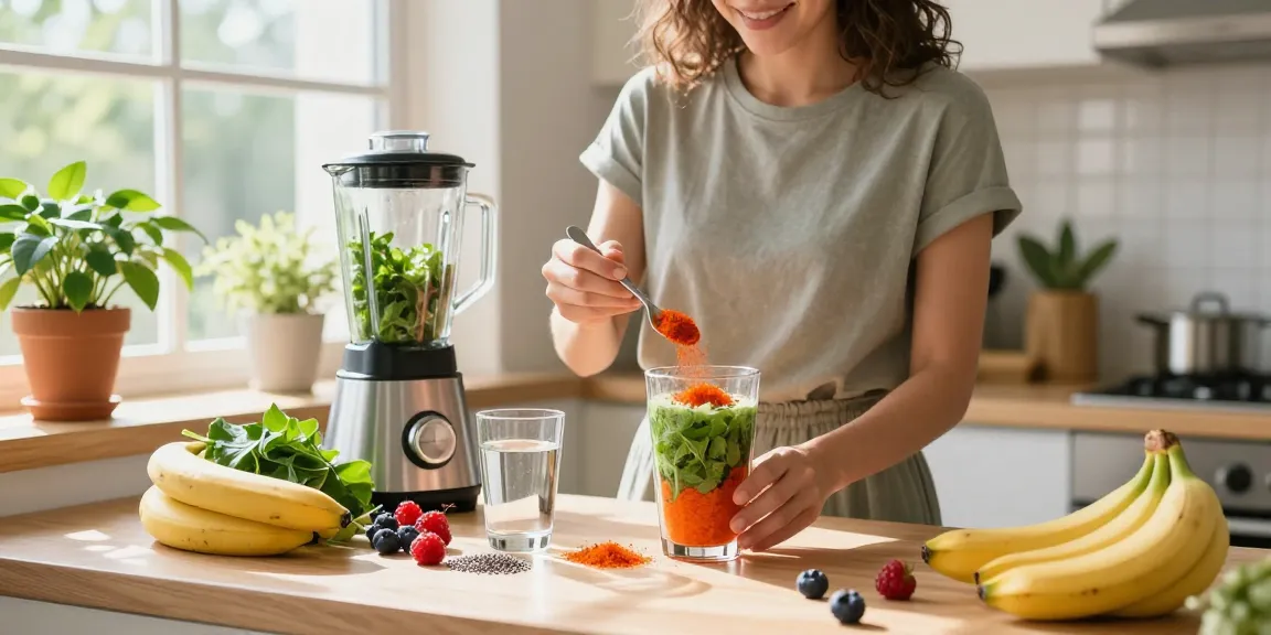 Health-conscious individual blending astaxanthin Canada smoothie with fresh ingredients in a modern kitchen