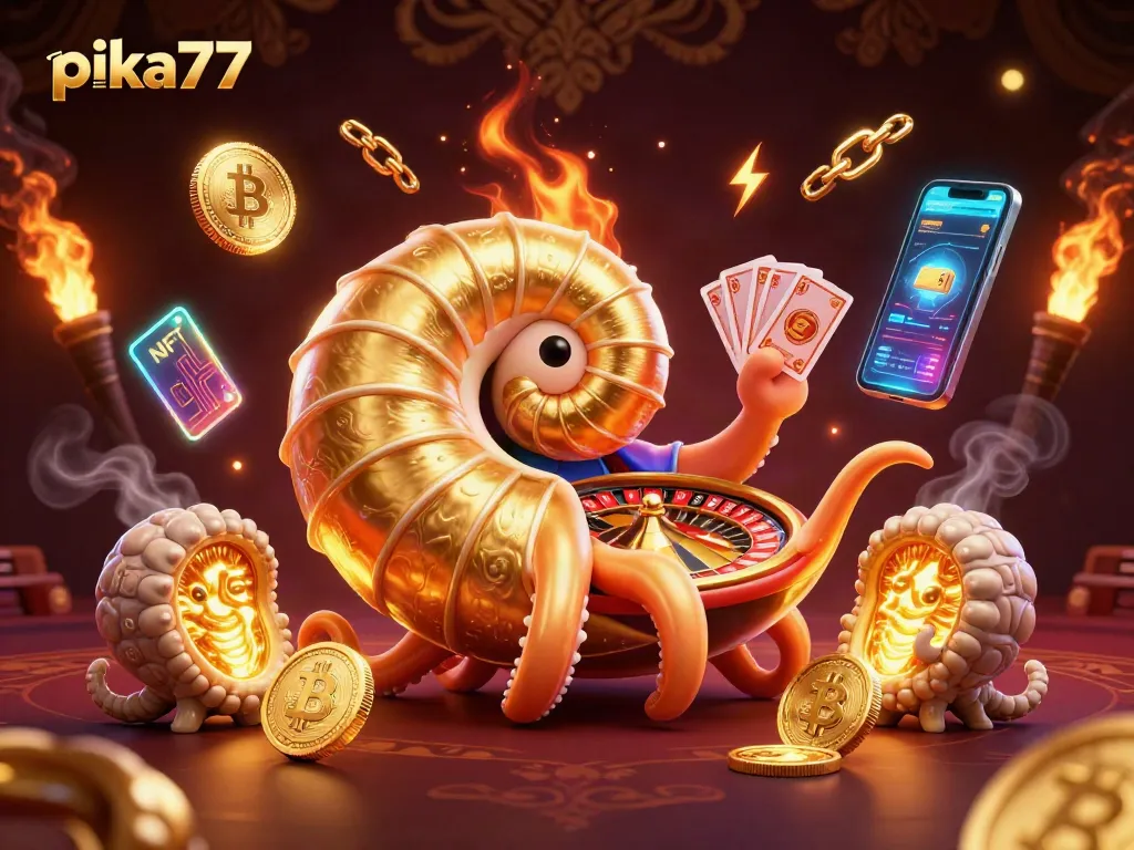 Engage with pika77's vibrant online gaming world featuring a giant nautilus roulette wheel.