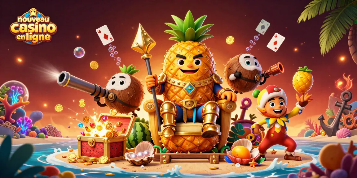 Illustration dynamique représentant le roi ananas et ses gardes au nouveau casino en ligne en pleine action.