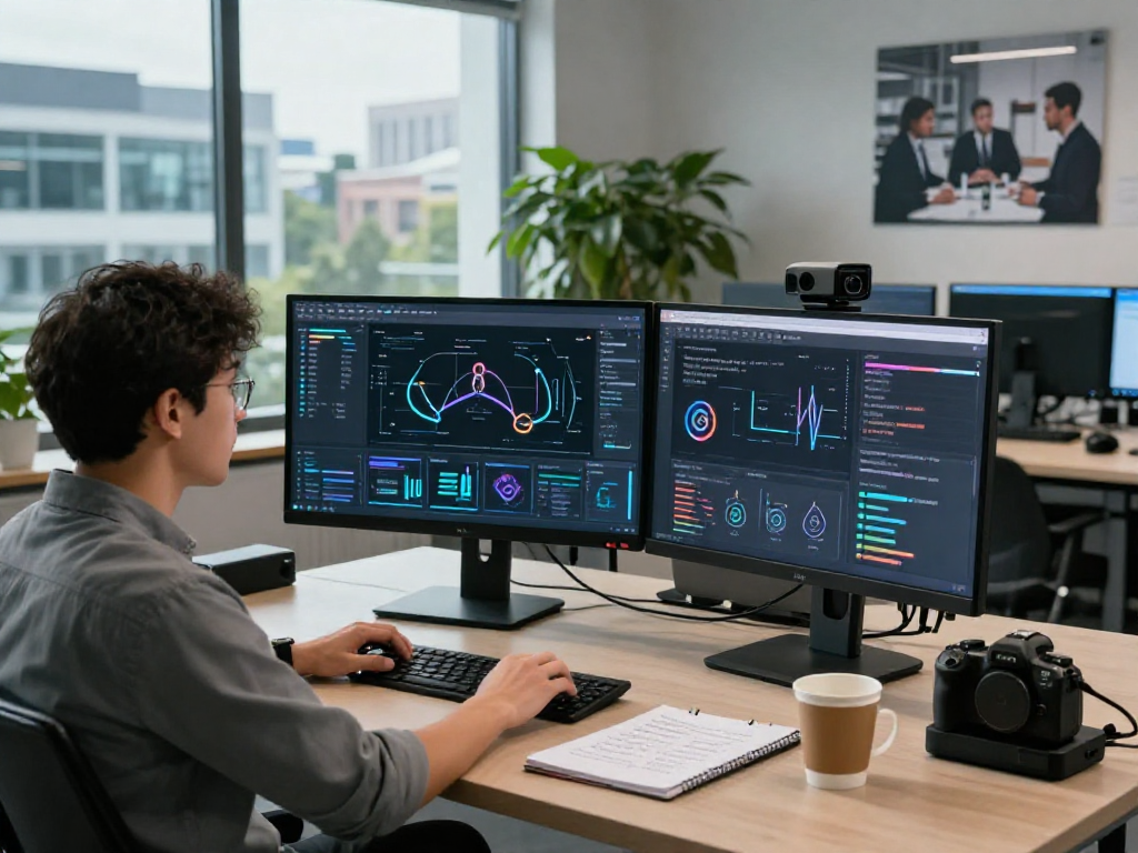 AI detector in action at a modern workspace with dual monitors analyzing content moderation data.