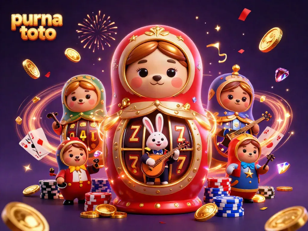 Permainan menarik di Purna Toto dengan simbol keberuntungan dan dealer unik dalam ilustrasi 3D.