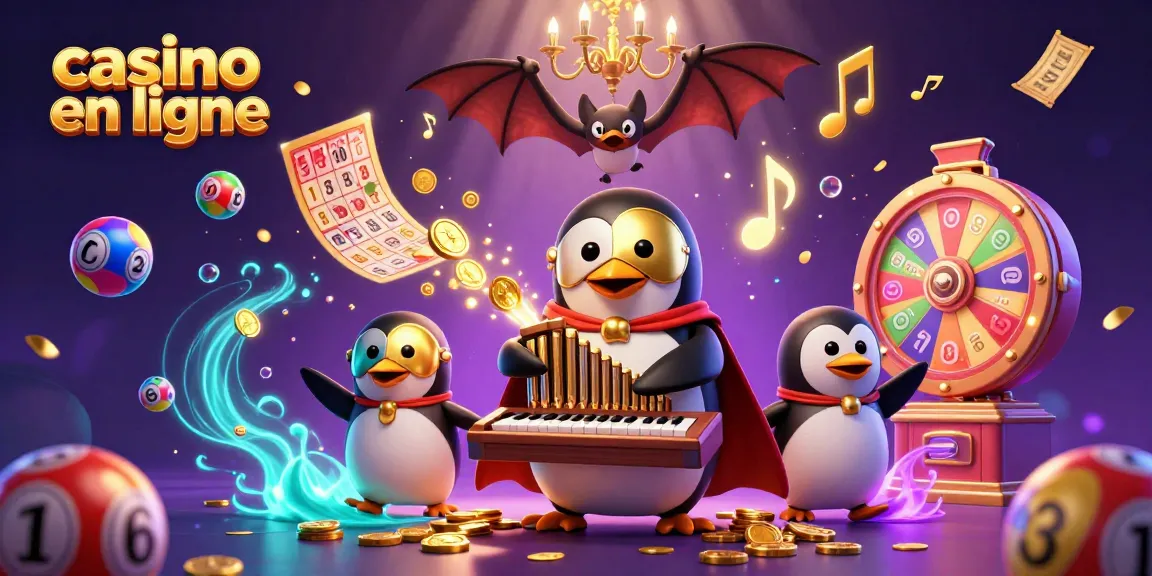 jouer à un casino en ligne avec des machines à sous et un personnage de pingouin dans un spectacle vivant