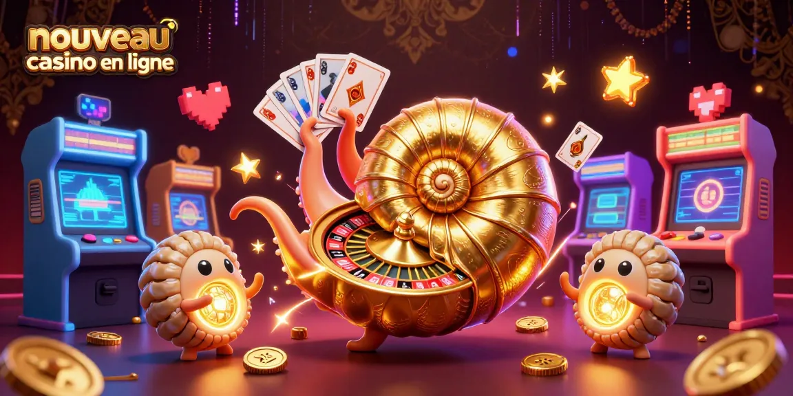 Jouez au nouveau casino en ligne avec une illustration 3D captivante d'un nautile géant et des éléments de jeu colorés.