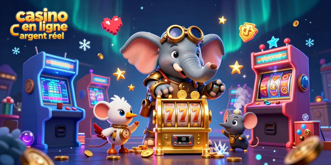 Aperçu magique de casino en ligne argent réel avec un éléphant steampunk jouant sur une machine à sous dorée.