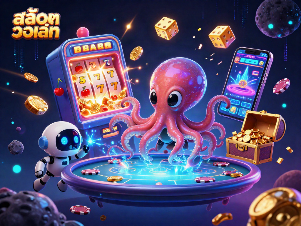 Play สล็อตวอเลท at a holographic poker table with vibrant cosmic decorations and exciting winning elements