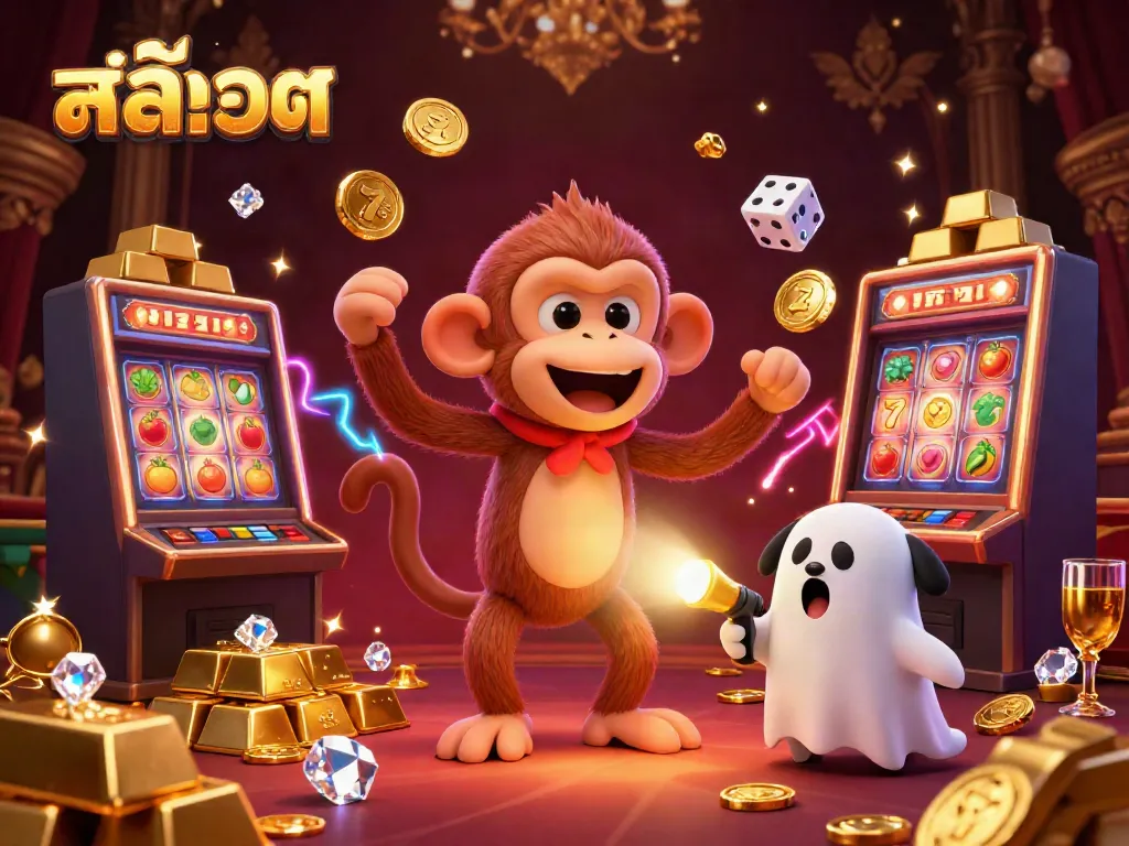 Engage with slots and jackpots where mischievous spirits juggle golden coins and dice in an animated casino scene.