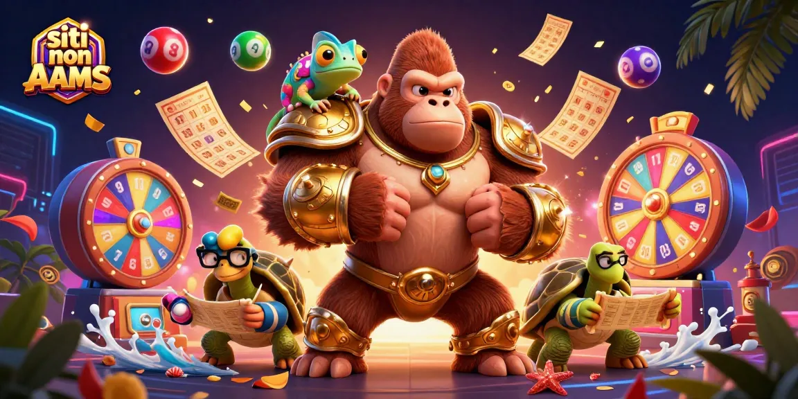 Gioca con i siti non AAMS in un'illustrazione 3D che mostra un gorilla re e un camaleonte in un ambiente ricco di elementi di gioco.