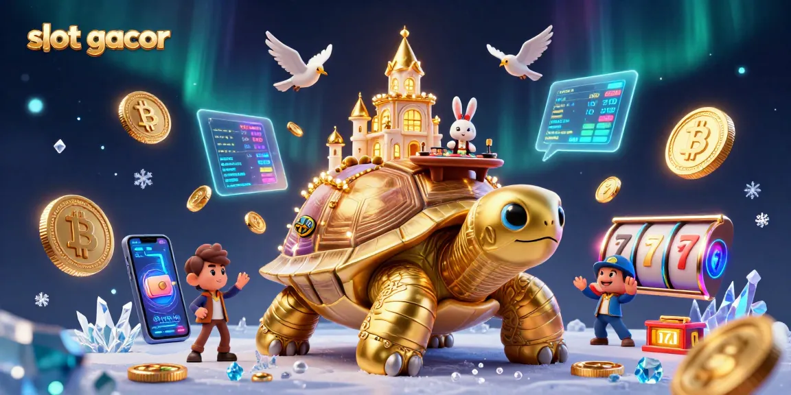 Spin winning reels at slot gacor with a golden tortoise and rabbit dealer in this vibrant illustration.