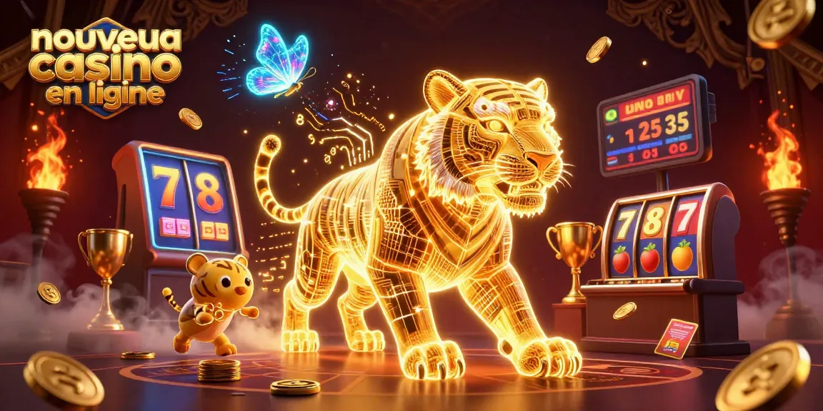 Action intense dans un nouveau casino en ligne avec un tigre digital et des symboles de machines à sous.