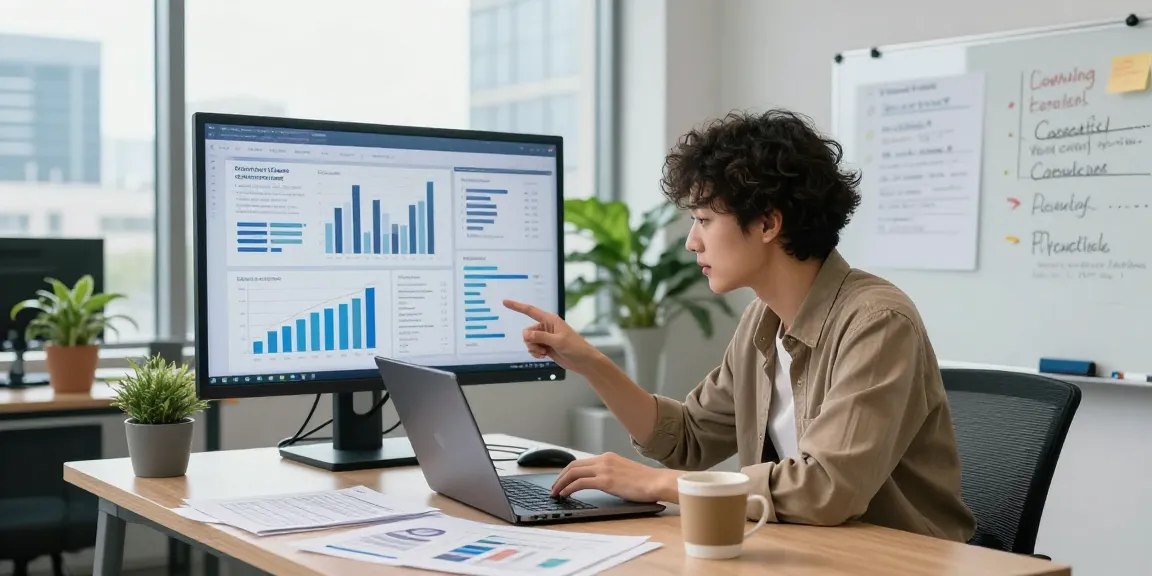 Data analyst reviewing financial crime intelligence reports in a modern office.