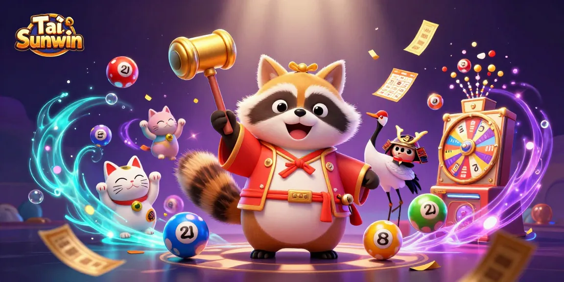 Tải Sunwin showcases an exhilarating 3D illustration of a cheerful tanuki, samurai crane, and waving maneki-neko amid vibrant lottery elements.