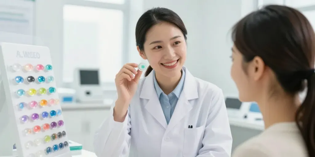 Opções de lentes de contato em consulta médica moderna com paciente feliz.