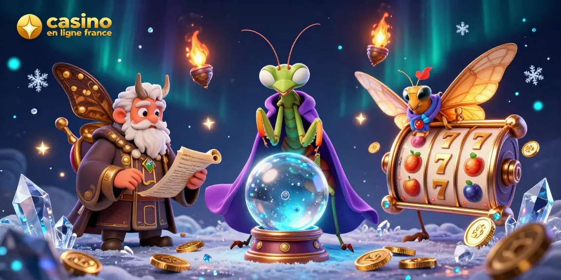 Plongez dans l'univers du casino en ligne France avec des personnages mystiques et des symboles de jeux captivants.