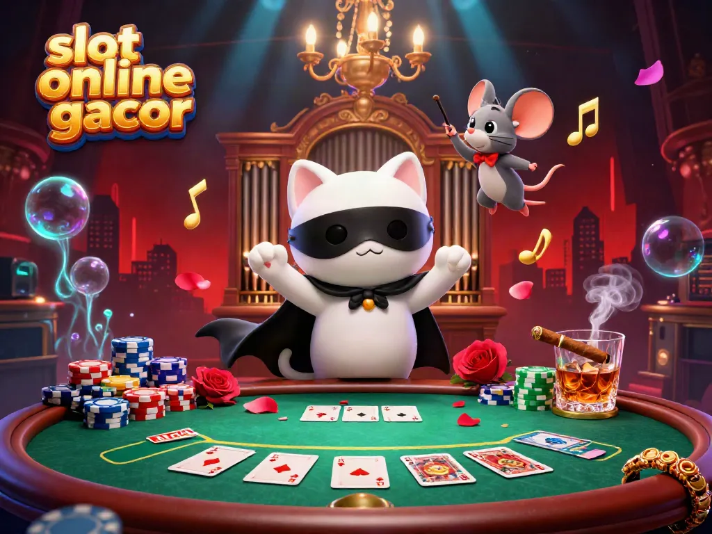 Engage with a vibrant scene showcasing slot online gacor, featuring a phantom cat, mouse acrobat, and rich casino elements.