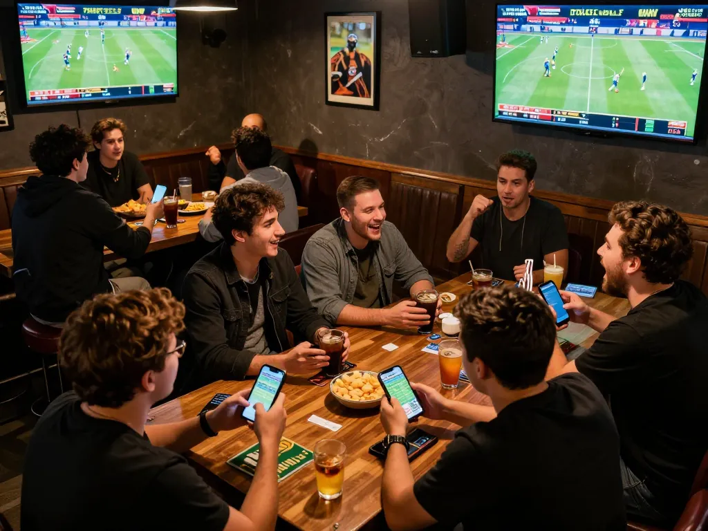 Fans placing bets on u888 in sports bar while enjoying games and drinks together