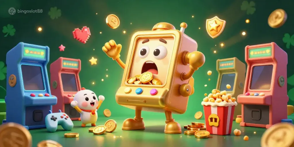 Aktifitas slot di bingoslot88 dengan mesin slot berwarna emas memancarkan koin kemenangan dan suka cita.