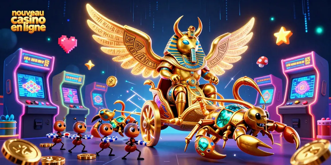 Illustration colorée de "nouveau casino en ligne" illustrant une expérience de jeu immersive avec un scarabée en armure et des scorpions décorés.