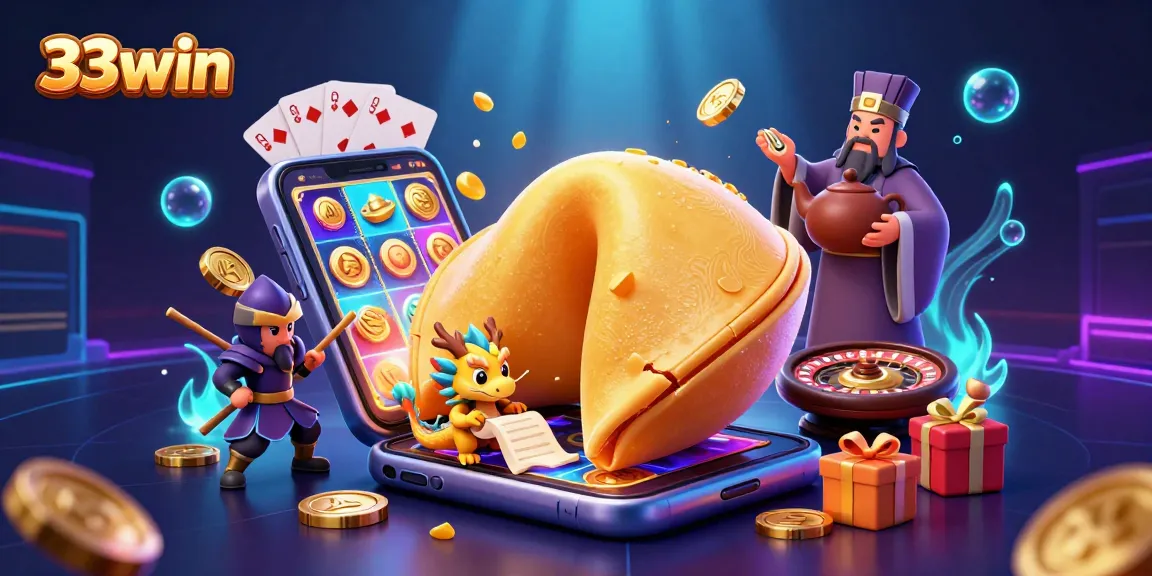 Experience luck with 33win in this vibrant casino 3D scene featuring fortune symbols.