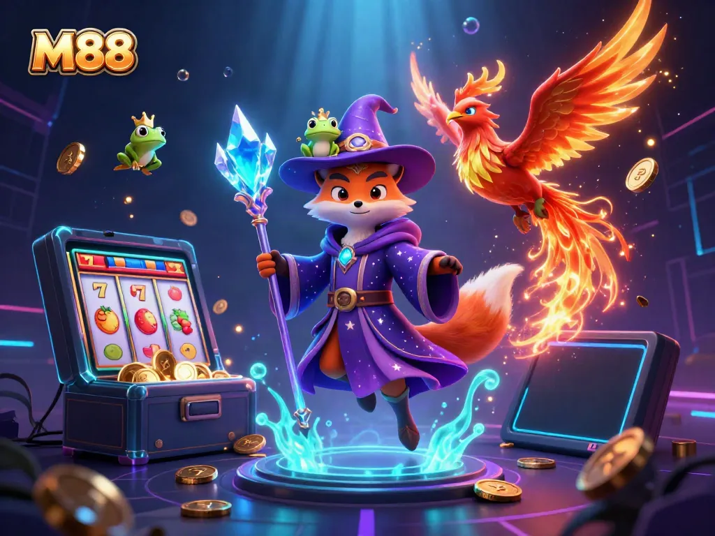 M88 spins vibrant slot reels in a magical scene with a wizard fox and phoenix, igniting a fantastical casino adventure.