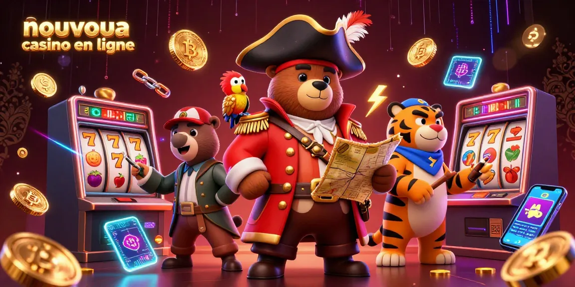 Illustration dynamique avec un ours capitaine pirate et un tigre sur un nouveau casino en ligne animé.