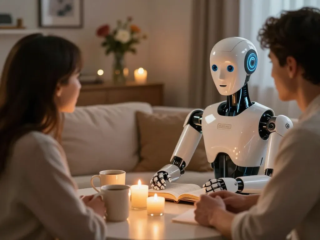 Couple in intimate setting discussing ai sex with humanoid robot companion, soft lighting, romantic atmosphere.