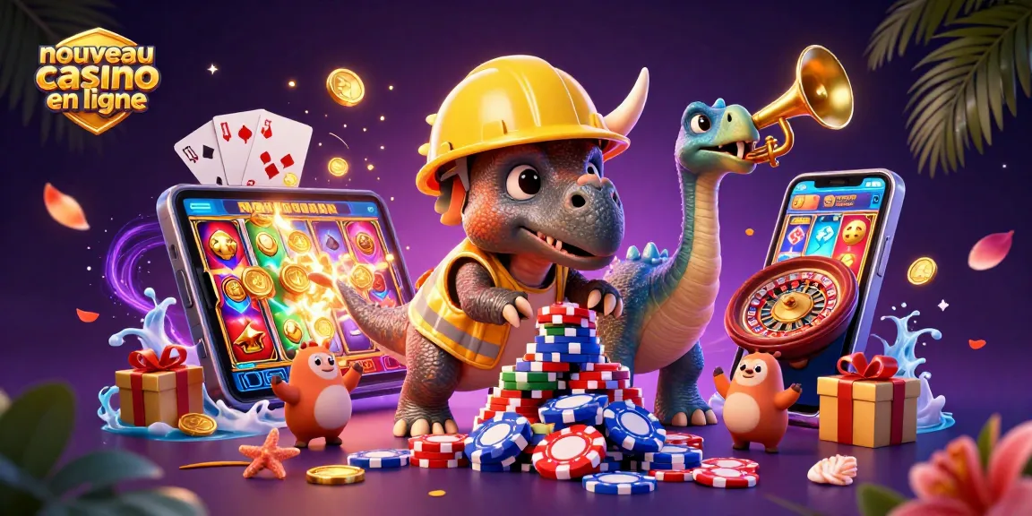 Nouveau casino en ligne : célébration d'un triceratops et de ses amis construisant des jetons de poker.