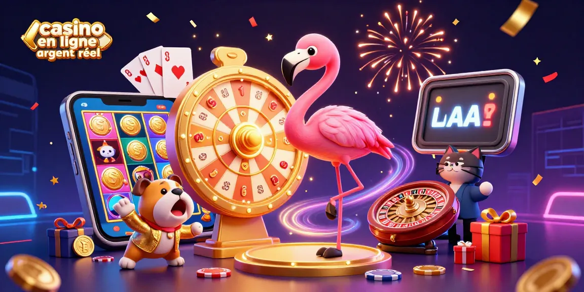 Plongez dans l'excitation du casino en ligne argent réel avec cette illustration dynamique, mettant en scène un hôte de jeu, un bulldog contestant et un chat assistant.