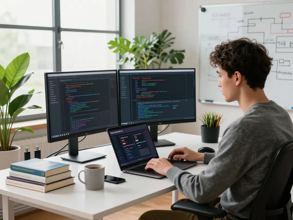 Efficient workspace using OpenClawd for software development and analytics in a modern home office.