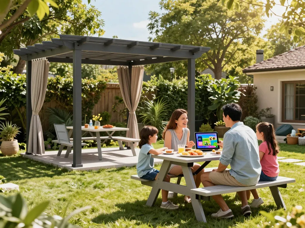 Interactive family using the 3D Pergola Configurator in a sunny garden, showcasing customizable pergola features.