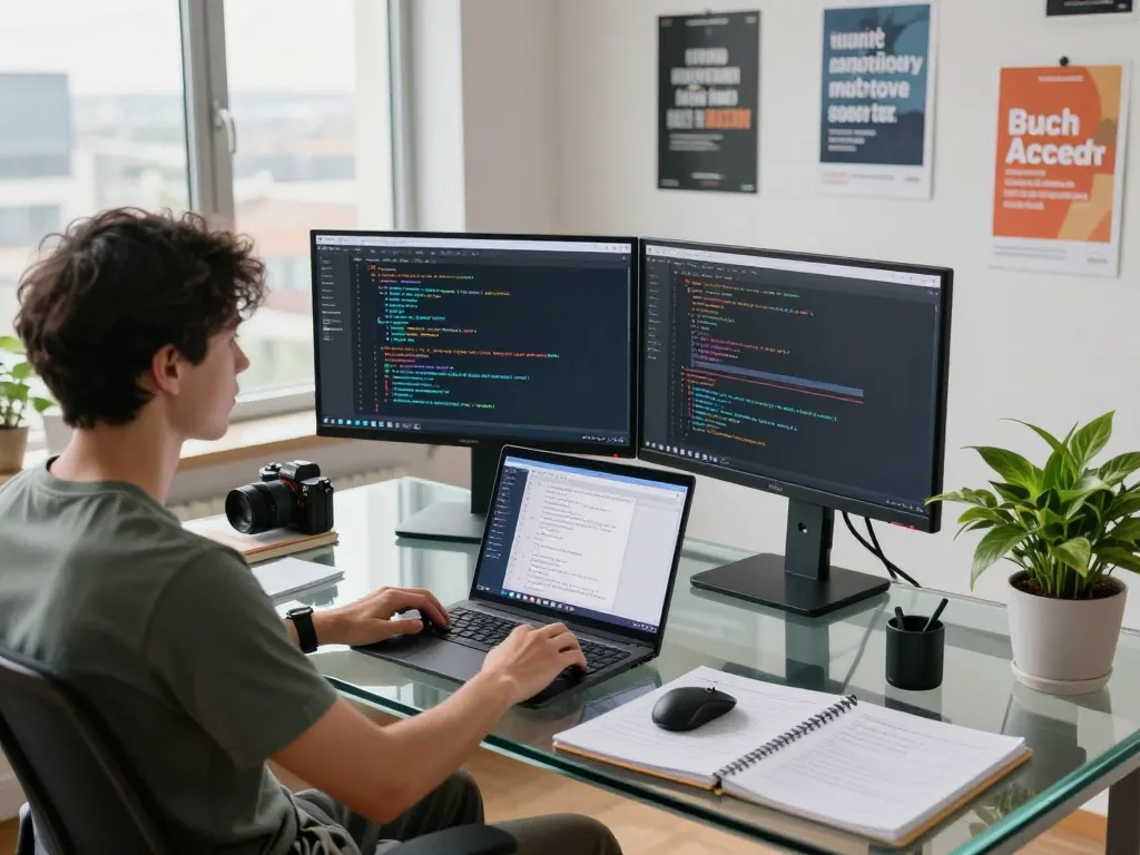 Developer using Clawdbot AI on dual monitors in a modern workspace, showcasing productivity and tech integration.