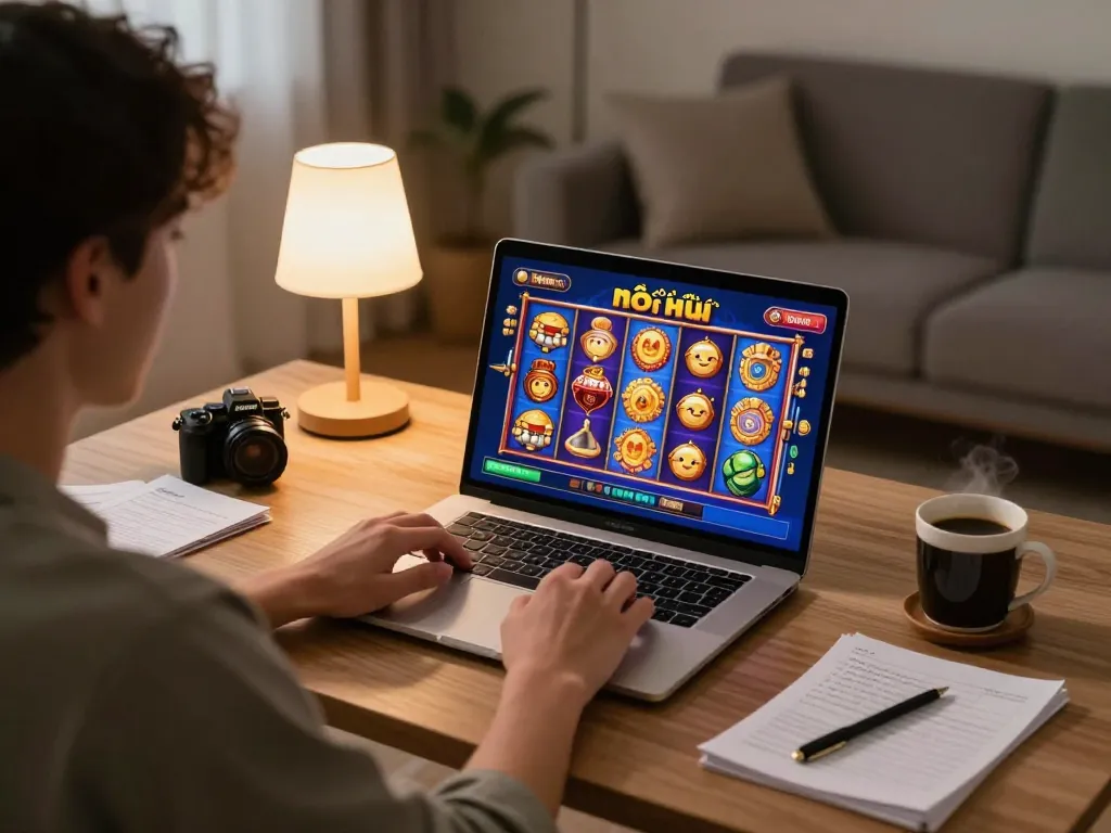 Player enjoying game nổ hũ on laptop in a cozy home setting with warm light.