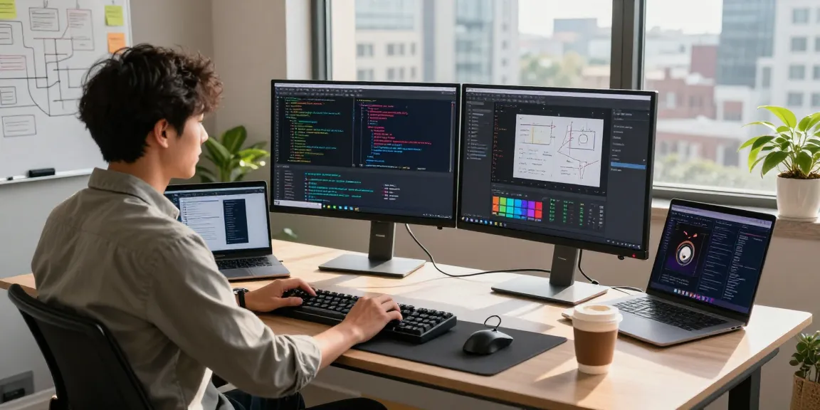 Developer using 截图软件 in a modern workspace with dual monitors, showcasing a productive coding environment.
