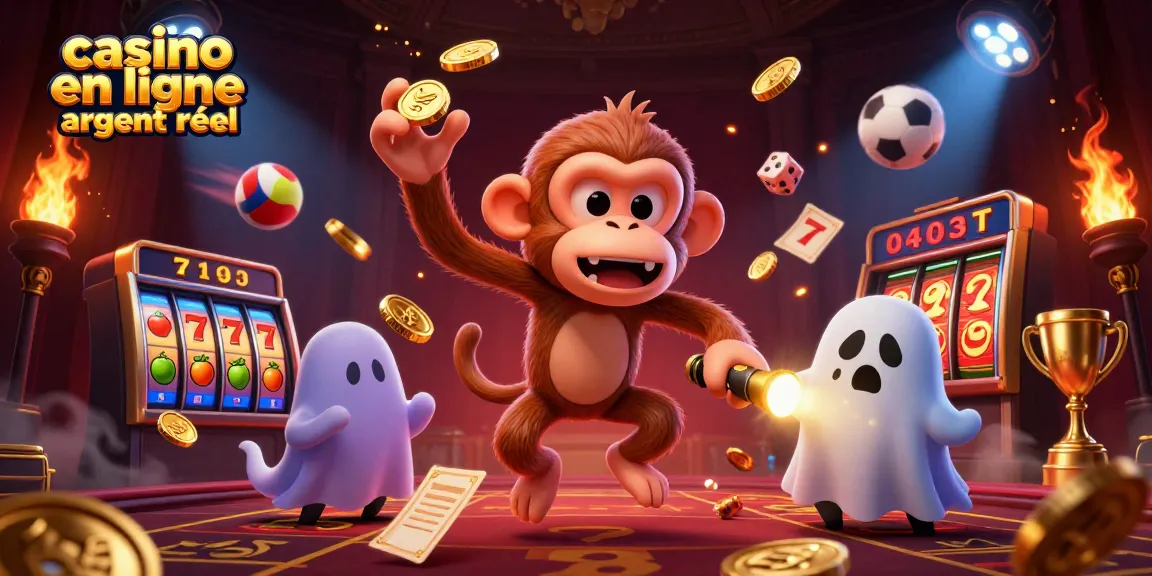 Illustration dynamique représentant un casino en ligne argent réel avec un singe fantôme malicieux et un chiot chasseur de fantômes.