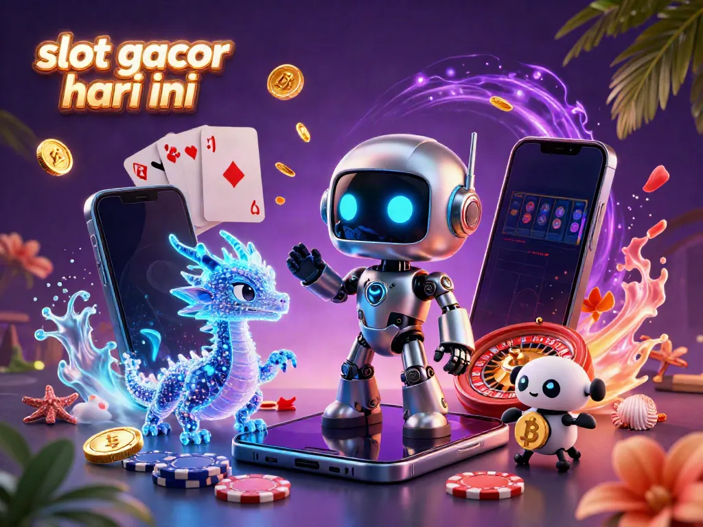 Mainkan slot gacor hari ini dengan ilustrasi 3D robot cyberpunk yang menarik dan simbol kasino yang menggiurkan.