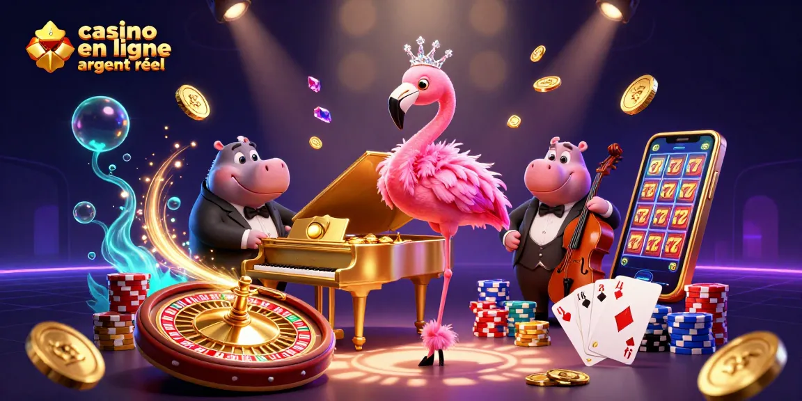 Illustration dynamique de casino en ligne argent réel avec un flamant chanteur et un hippopotame musicien entourés de pièces d'or et de cartes à jouer.