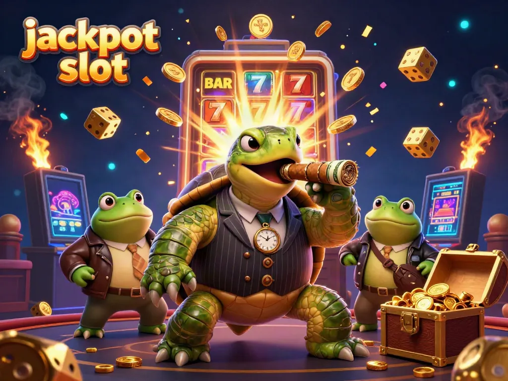 Spin the reels with jackpot slot excitement as a 3D turtle mobster and bullfrog enforcers dominate the scene.
