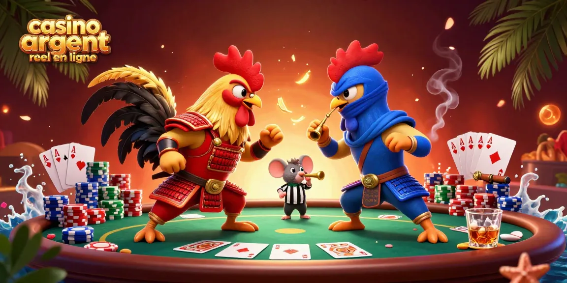 Plongez dans l'univers du casino argent réel en ligne avec cette illustration dynamique de combats de coqs.