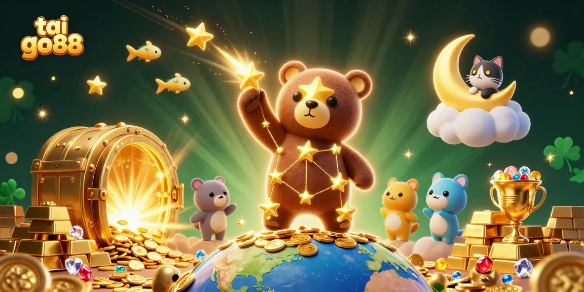 Engage with tai go88's dynamic gaming experience, featuring a celestial bear collecting coins amidst riches.