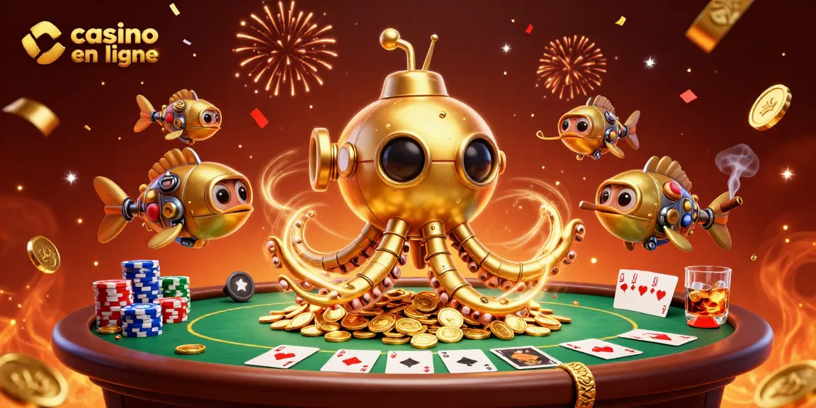 Jouez au casino en ligne dans un monde d'or, avec des personnages captivants entourés de cartes et de jetons.