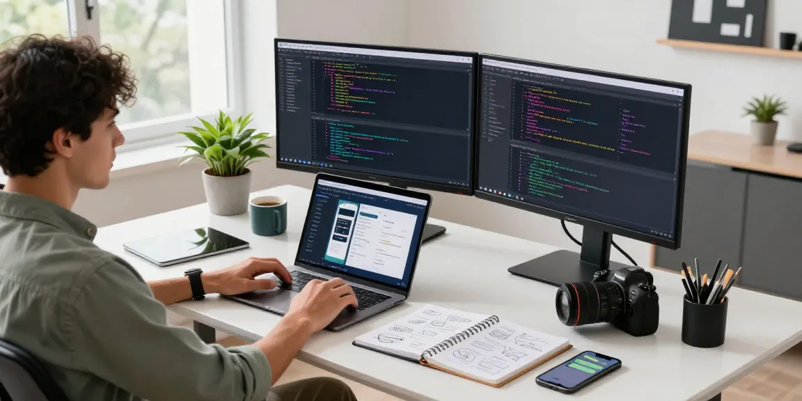 Dynamic tech workspace featuring 纸飞机官网 app development, vibrant coding screens, and a creative atmosphere.