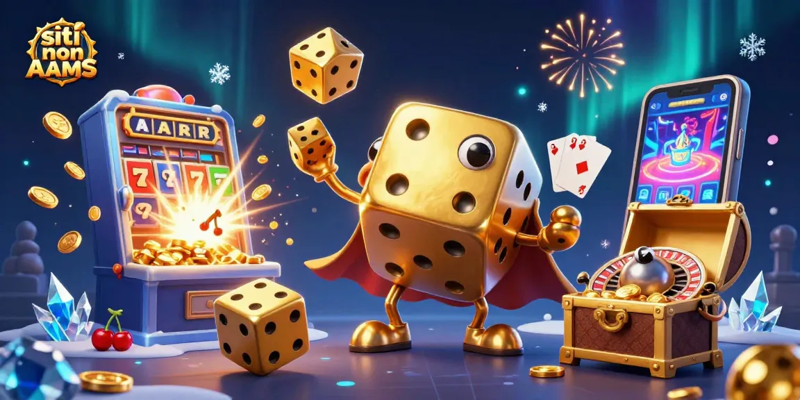 Gioca nei migliori siti non AAMS con l'illustrazione di un golem di dadi dorati e una macchina slot che esplode di monete d'oro.