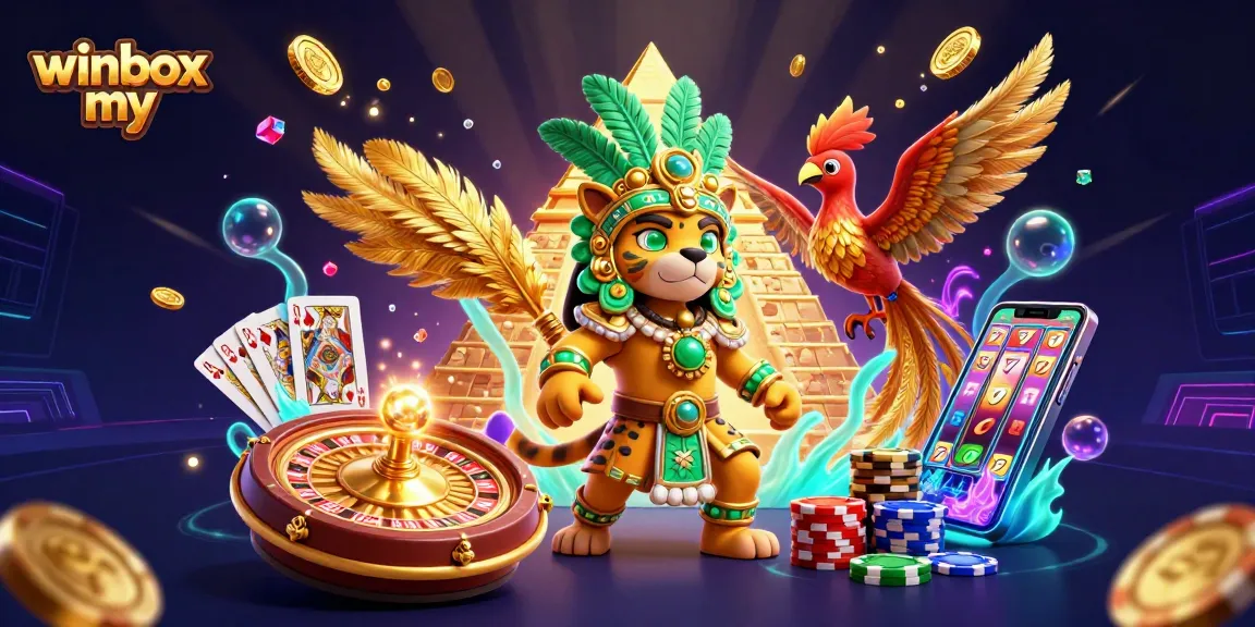 Winbox my showcases thrilling gameplay in ultra-detailed 3D illustration featuring slots, roulette, and vibrant casino elements.