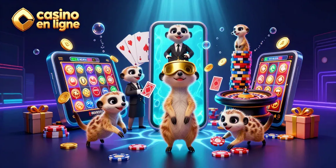 Casino en ligne avec des suricates gérant un casino animé et des jeux éclatants.