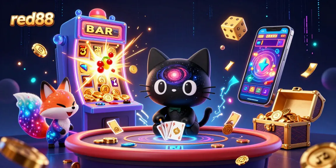 Experience excitement at red88 with a cosmic casino scene featuring a black hole cat and colorful elements.
