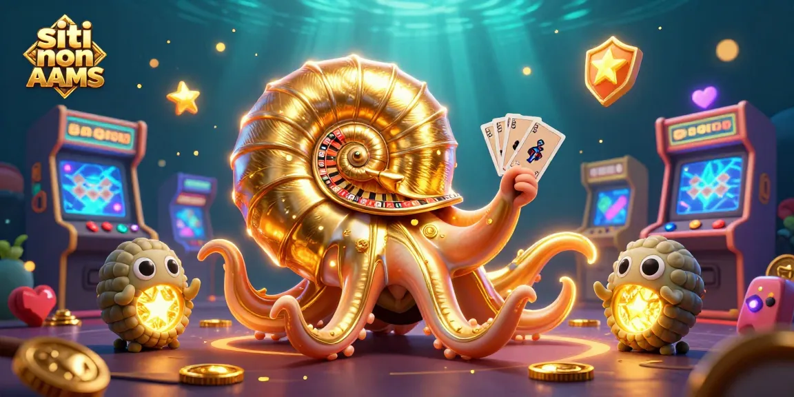 Gioca nei siti non AAMS con un nautilus dorato e giochi arcade colorati in un'illustrazione vibrante.