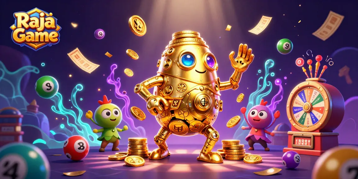 Engage with Raja Game as the golden golem captures exciting lottery momentum amidst vibrant casino elements.