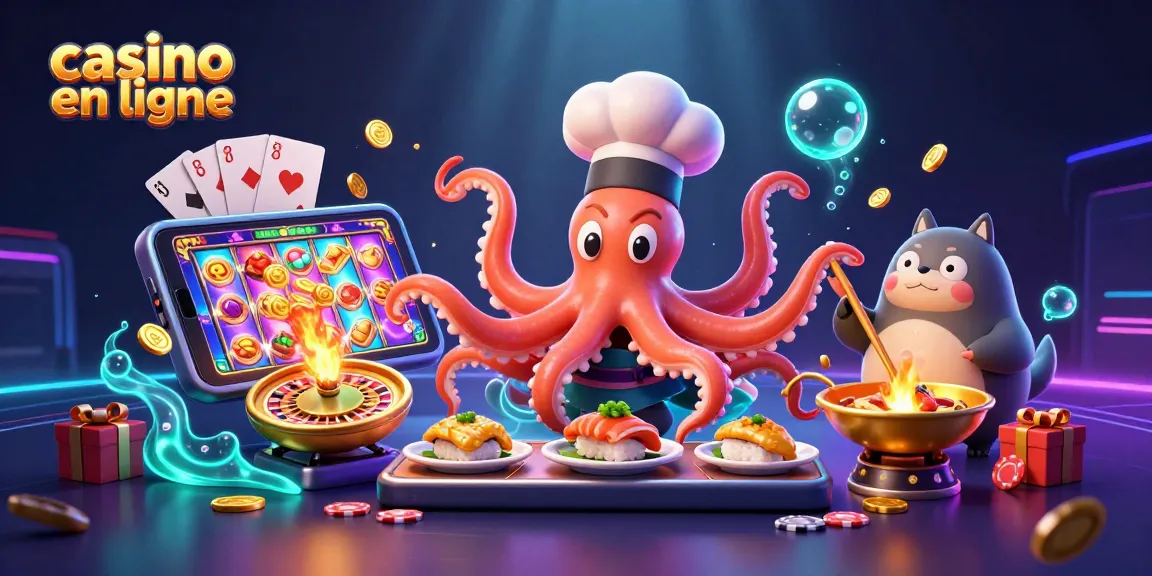 Découvrez un chef sushi en ligne préparant des plats autour de jeux de casino en ligne.