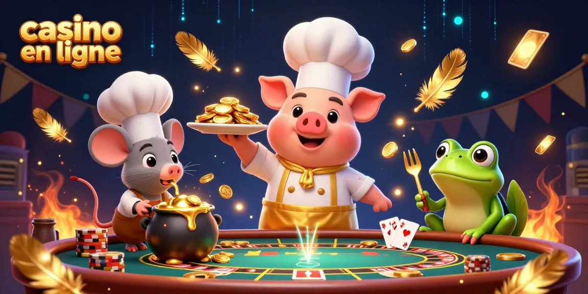 Jouer au casino en ligne avec une scène animée mettant en vedette un chef, une souris et une grenouille autour de jetons d'or.